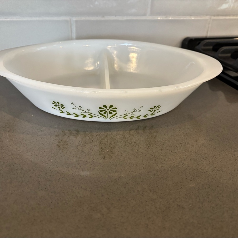 White Divided Glassbake Dish with Green Daisy Floral Pattern